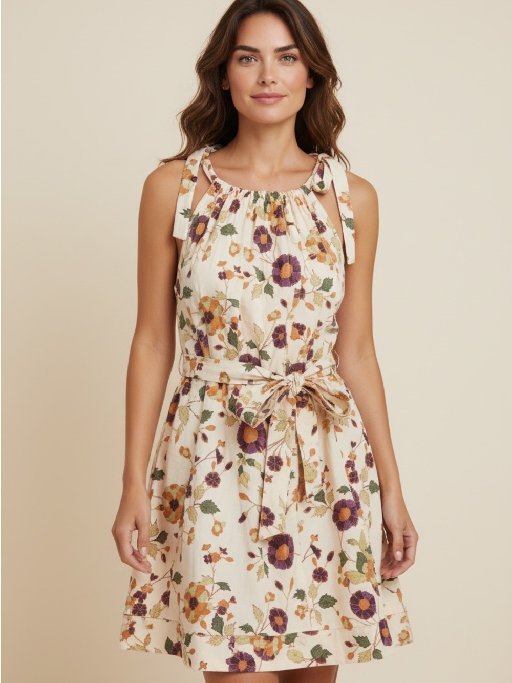 Ulla Johnson Cream Floral Tie-Shoulder Mini Dress